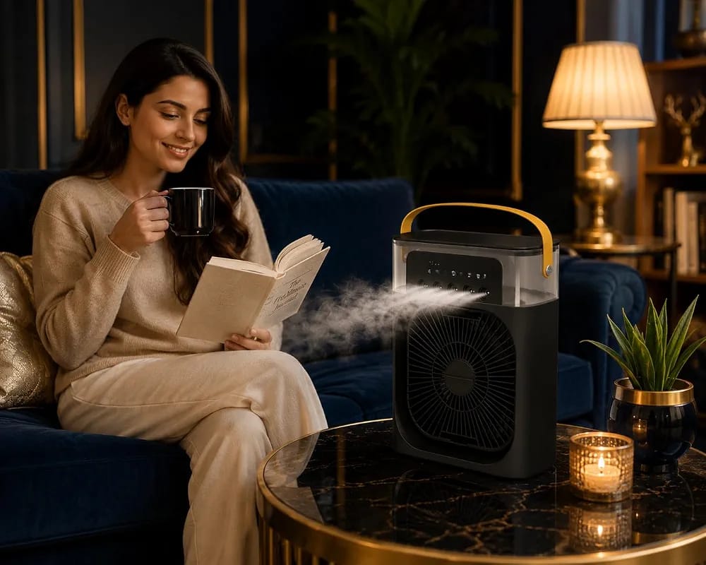 Portable Mini Air Cooler Fan with Water Spray – USB Powered 3-Speed Fan with LED Light