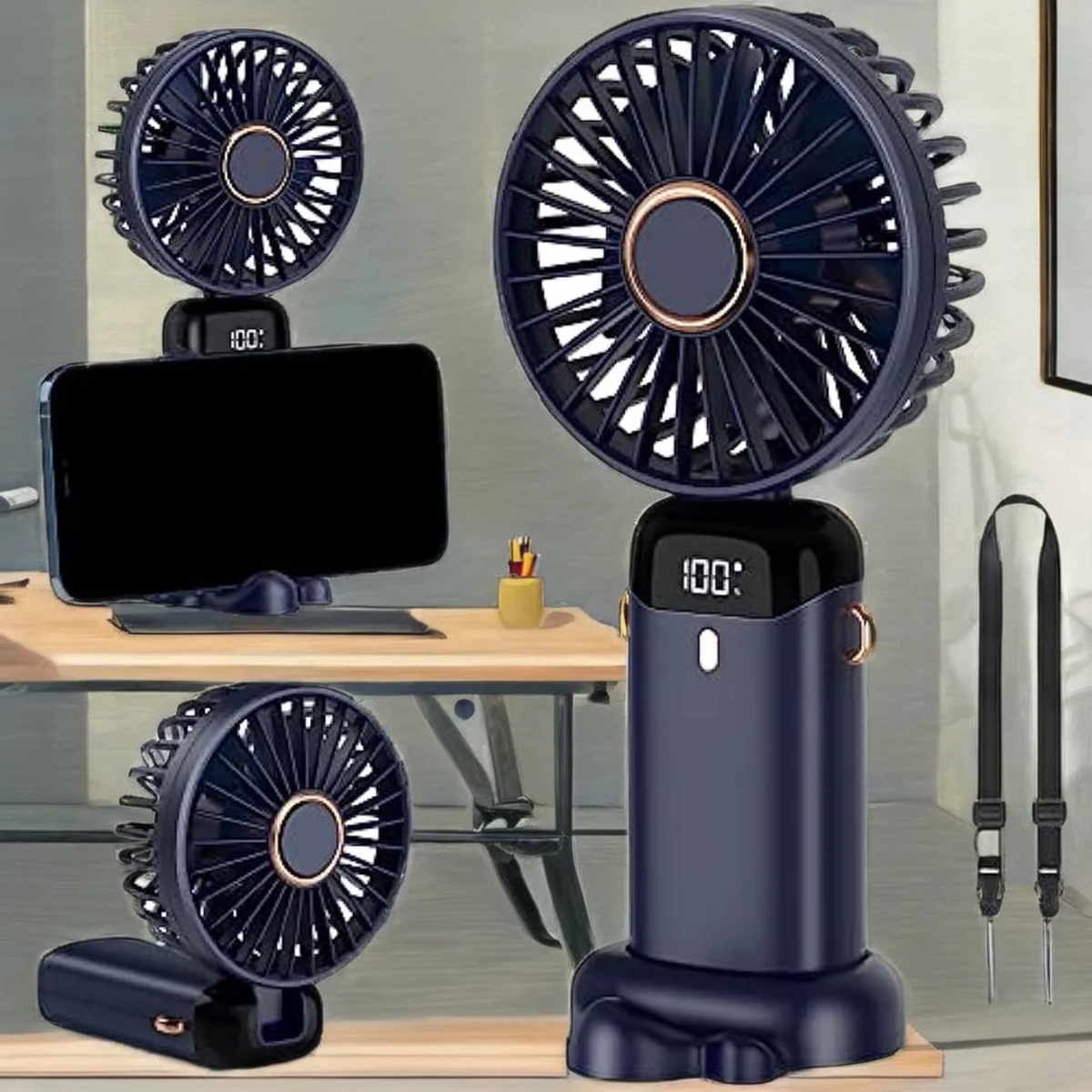 Digital Display Mini Fan – 5-in-1 Portable USB-C Rechargeable Handheld Fan