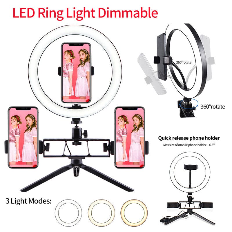 Dual Phone Clip Ring Light – Adjustable LED Selfie Light with Tripod Stand for Live Streaming