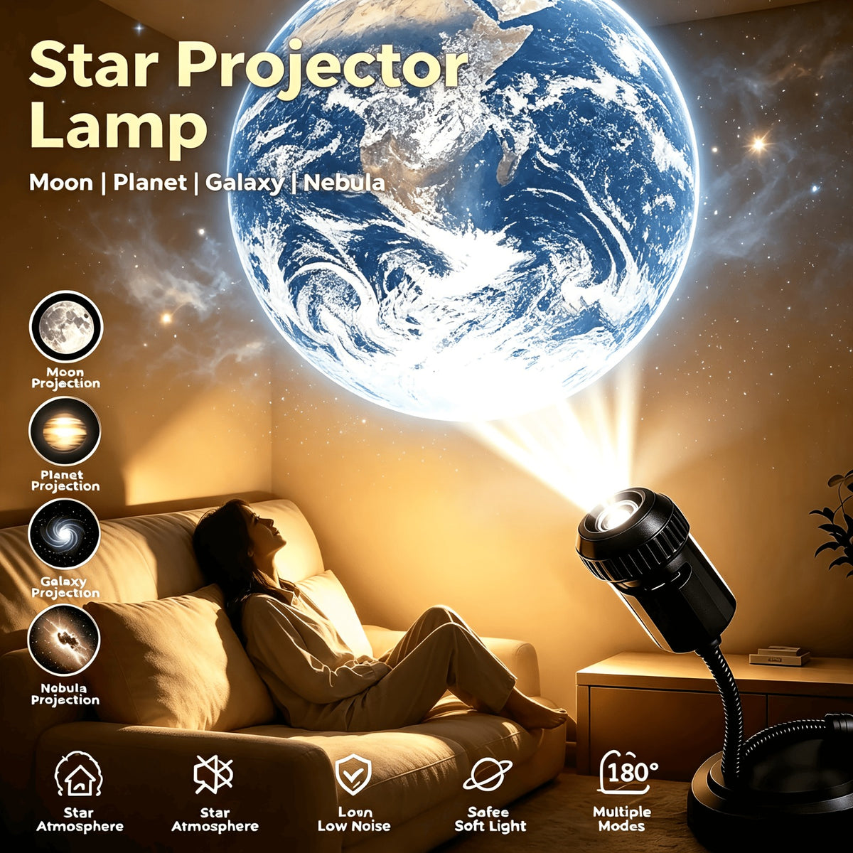 6-Lens Galaxy Projector Lamp – USB Moon, Earth & Starry Sky Night Light