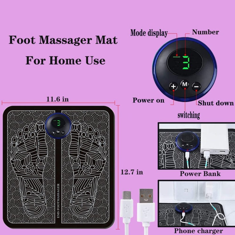 EMS Foot Massager Mat – Electric Rechargeable Foot Massage Pad with 6 Modes & 9 Intensity Levels